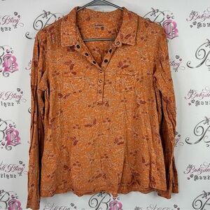 Ruff Hewn Rust Floral Button-Up Blouse long sleeves comfy stretchy flowers